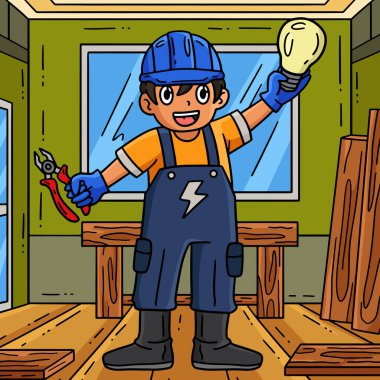 Bu karikatür klipinde elinde ampul ve pense çizimi olan bir inşaat elektrikçisi var..