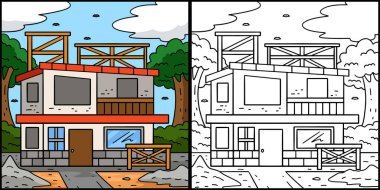 Bu boyama sayfası yapım aşamasındaki bir binayı gösteriyor. Bu illüstrasyonun bir tarafı renkli ve çocuklar için bir ilham kaynağı..