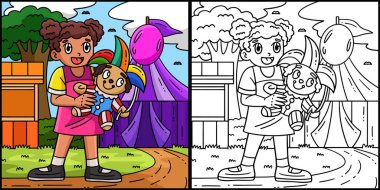 Bu renkli sayfada Sirk Kızı Tutan Palyaço Doldurulmuş Oyuncak var. Bu illüstrasyonun bir tarafı renkli ve çocuklar için bir ilham kaynağı..