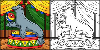 Bu renkli sayfa Sirk Deniz Aslanı 'nı gösteriyor. Bu illüstrasyonun bir tarafı renkli ve çocuklar için bir ilham kaynağı..