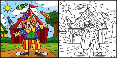 Bu boyama sayfasında bir Sirk Palyaçosu İğnesi var. Bu illüstrasyonun bir tarafı renkli ve çocuklar için bir ilham kaynağı..