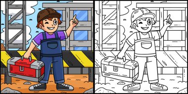 Bu boyama sayfası, Alet kutulu bir İnşaat İşçisi 'ni gösteriyor. Bu illüstrasyonun bir tarafı renkli ve çocuklar için bir ilham kaynağı..