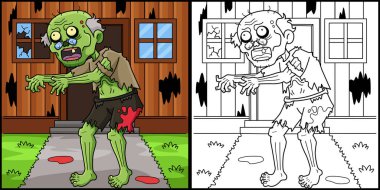 Bu boyama sayfasında eski bir zombi var. Bu illüstrasyonun bir tarafı renkli ve çocuklar için bir ilham kaynağı..
