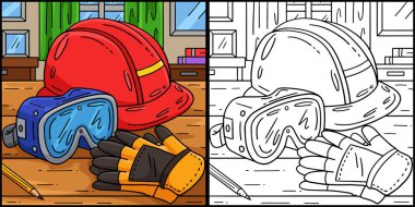 Bu boyama sayfasında bir Kişisel Koruyucu Ekipman var. Bu illüstrasyonun bir tarafı renkli ve çocuklar için bir ilham kaynağı..