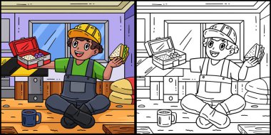 Bu boyama sayfası bir İnşaat İşçisinin Öğlen Yemeğini gösteriyor. Bu illüstrasyonun bir tarafı renkli ve çocuklar için bir ilham kaynağı..