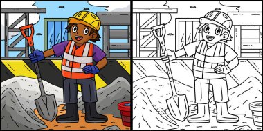 Bu boyama sayfası kürekli bir inşaat işçisini gösteriyor. Bu illüstrasyonun bir tarafı renkli ve çocuklar için bir ilham kaynağı..