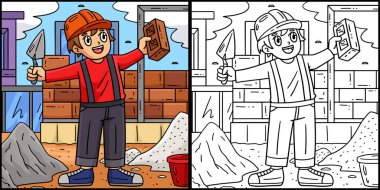 Bu renkli sayfa İnşaat Mason Holding Brick 'i gösteriyor. Bu illüstrasyonun bir tarafı renkli ve çocuklar için bir ilham kaynağı..