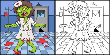 Bu boyama sayfasında bir Zombi Hemşire var. Bu illüstrasyonun bir tarafı renkli ve çocuklar için bir ilham kaynağı..