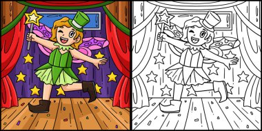 Bu boyama sayfasında Peri Gibi Giyinen Sirk Kızı var. Bu illüstrasyonun bir tarafı renkli ve çocuklar için bir ilham kaynağı..