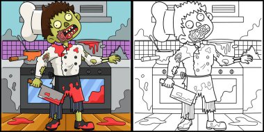 Bu boyama sayfasında bir Zombi Şef var. Bu illüstrasyonun bir tarafı renkli ve çocuklar için bir ilham kaynağı..