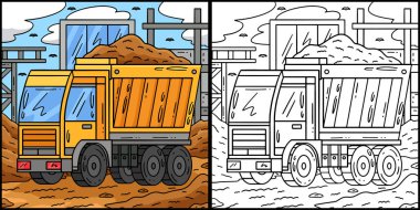Bu boyama sayfası bir inşaat atık kamyonunu gösteriyor. Bu illüstrasyonun bir tarafı renkli ve çocuklar için bir ilham kaynağı..