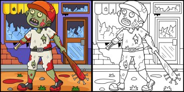 Bu renkli sayfada Beyzbol Yarasası Tutan Zombi var. Bu illüstrasyonun bir tarafı renkli ve çocuklar için bir ilham kaynağı..