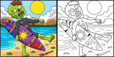 Bu boyama sayfasında bir Zombi Sörfçü var. Bu illüstrasyonun bir tarafı renkli ve çocuklar için bir ilham kaynağı..