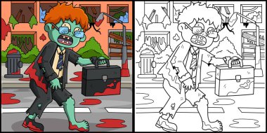 Bu boyama sayfasında Zombi bir ofis çalışanı var. Bu illüstrasyonun bir tarafı renkli ve çocuklar için bir ilham kaynağı..