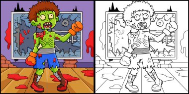 Bu boyama sayfasında bir Zombi Boksörü var. Bu illüstrasyonun bir tarafı renkli ve çocuklar için bir ilham kaynağı..