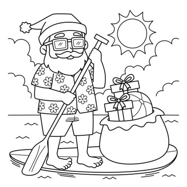 A cute and funny coloring page of a Christmas in July Santa Paddle Boarding. Provides hours of coloring fun for children. To color, this page is very easy. Suitable for little kids and toddlers. clipart