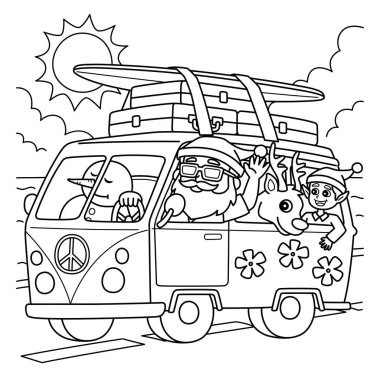 A cute and funny coloring page of a Christmas in July Santa in a Summer Van. Provides hours of coloring fun for children. To color, this page is very easy. Suitable for little kids and toddlers. clipart