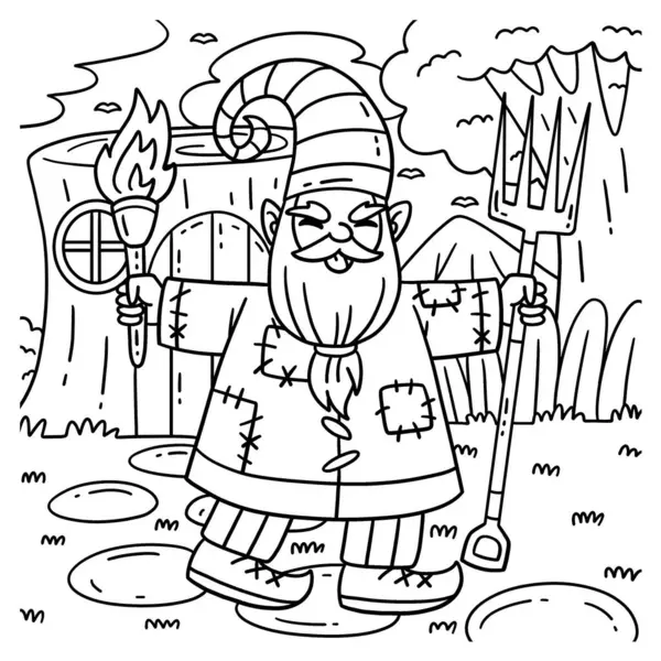 Stock vector A cute and funny coloring page of a Gnome with a Torch and Pitch Fork. Provides hours of coloring fun for children. To color, this page is very easy. Suitable for little kids and toddlers.