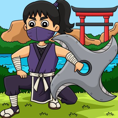 Bu karikatür, Büyük Shuriken illüstrasyonlu Ninja Kunoichi 'yi gösteriyor..
