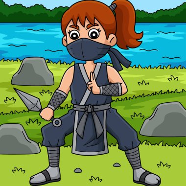 Bu karikatür, Kunai resimli bir Ninja Kunoichi 'yi gösteriyor..