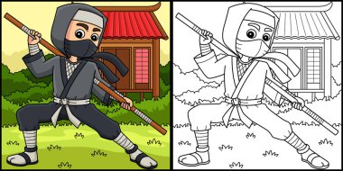 Bu boyama sayfasında Ninja Asâyı Tutuyor yazıyor. Bu illüstrasyonun bir tarafı renkli ve çocuklar için bir ilham kaynağı..