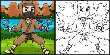 Bu renkli sayfada bir Ninja 'nın İkiz Sai tuttuğunu gösteriyor. Bu illüstrasyonun bir tarafı renkli ve çocuklar için bir ilham kaynağı..