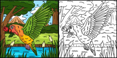 Bu boyama sayfasında bir aşk kuşu var. Bu illüstrasyonun bir tarafı renkli ve çocuklar için bir ilham kaynağı..