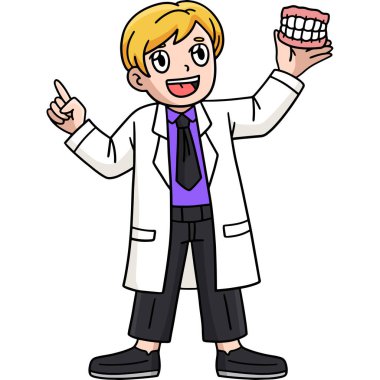 Bu karikatür, takma dişleri olan bir dişçinin çizimini gösteriyor..