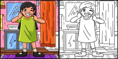 Bu renkli sayfada Parlak dişli bir diş bakımı çocuğu var. Bu illüstrasyonun bir tarafı renkli ve çocuklar için bir ilham kaynağı..