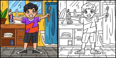 Bu boyama sayfasında diş fırçası ve diş macunu olan bir diş bakımı çocuğu var. Bu illüstrasyonun bir tarafı renkli ve çocuklar için bir ilham kaynağı..