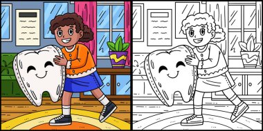 Bu boyama sayfasında Dişçi Çocuk 'un Dev Diş' e Sarıldığı görülüyor. Bu illüstrasyonun bir tarafı renkli ve çocuklar için bir ilham kaynağı..