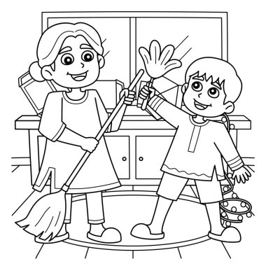 Evi temizleyen bir Diwali Festivali 'nin sevimli ve komik renkli sayfası. Çocuklar için saatlerce boyama eğlencesi sağlıyor. Renklendirmek için, bu sayfa çok kolaydır. Küçük çocuklar ve yeni yürümeye başlayanlar için uygun.. 