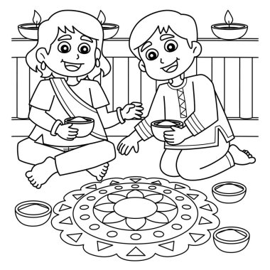 Rangoli yapan Diwali Festivali Çocukları 'nın sevimli ve komik renkli sayfası. Çocuklar için saatlerce boyama eğlencesi sağlıyor. Renklendirmek için, bu sayfa çok kolaydır. Küçük çocuklar ve yeni yürümeye başlayanlar için uygun.. 