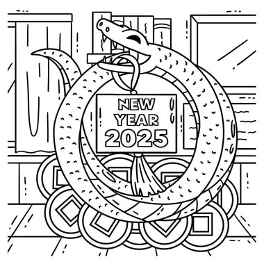 Yılan Yılı Yeni Yıl 2025 için sevimli ve komik bir boyama sayfası. Çocuklar için saatlerce boyama eğlencesi sağlıyor. Renklendirmek için, bu sayfa çok kolaydır. Küçük çocuklar ve yeni yürümeye başlayanlar için uygun..