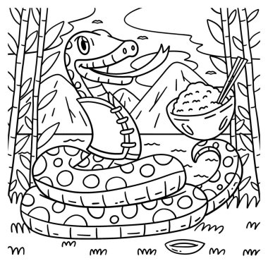 Yılan Yılı 'nın sevimli ve komik renkli bir sayfası. Yanında da bir kase pilav. Çocuklar için saatlerce boyama eğlencesi sağlıyor. Renklendirmek için, bu sayfa çok kolaydır. Küçük çocuklar ve yeni yürümeye başlayanlar için uygun..