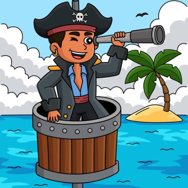 Bu karikatür, Teleskop resimli bir korsanı gösteriyor..