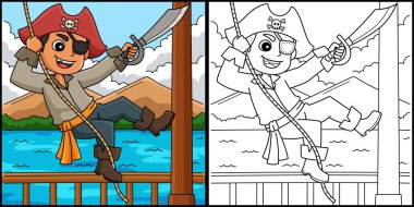 Bu boyama sayfasında bir korsan salıncağı var. Bu illüstrasyonun bir tarafı renkli ve çocuklar için bir ilham kaynağı..