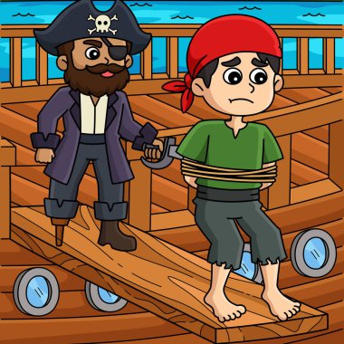 Bu karikatür, Plank çiziminde yürüyen bir korsanı gösteriyor..