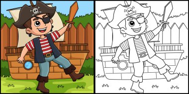 Bu boyama sayfasında Korsan Çocuk var. Bu illüstrasyonun bir tarafı renkli ve çocuklar için bir ilham kaynağı..