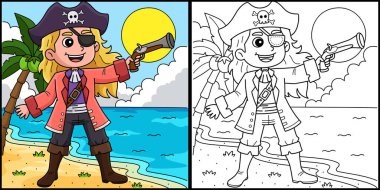 Bu renkli sayfa dişi bir korsanı gösteriyor. Bu illüstrasyonun bir tarafı renkli ve çocuklar için bir ilham kaynağı..