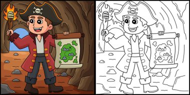 Bu boyama sayfasında Korsan Hazine Haritası var. Bu illüstrasyonun bir tarafı renkli ve çocuklar için bir ilham kaynağı..