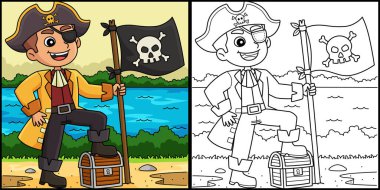 Bu renkli sayfada Jolly Roger bayrağı olan bir korsan var. Bu illüstrasyonun bir tarafı renkli ve çocuklar için bir ilham kaynağı..