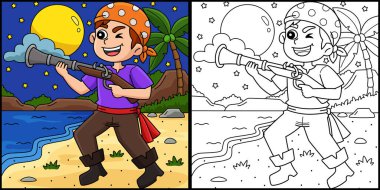 Bu boyama sayfasında silahlı bir korsan var. Bu illüstrasyonun bir tarafı renkli ve çocuklar için bir ilham kaynağı..