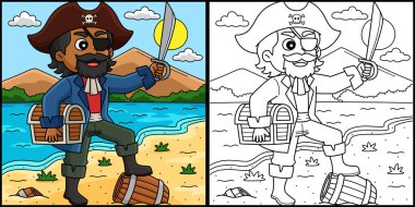 Bu renklendirme sayfasında Korsan Kılıç Tutuyor. Bu illüstrasyonun bir tarafı renkli ve çocuklar için bir ilham kaynağı..