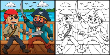 Bu renkli sayfa Korsan Dövüşü 'nü gösteriyor. Bu illüstrasyonun bir tarafı renkli ve çocuklar için bir ilham kaynağı..