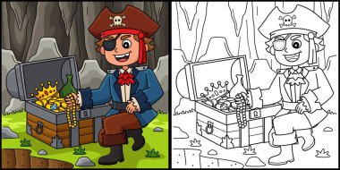Bu boyama sayfasında hazineli bir korsan var. Bu illüstrasyonun bir tarafı renkli ve çocuklar için bir ilham kaynağı..