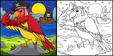Bu boyama sayfasında Korsan Papağan var. Bu illüstrasyonun bir tarafı renkli ve çocuklar için bir ilham kaynağı..