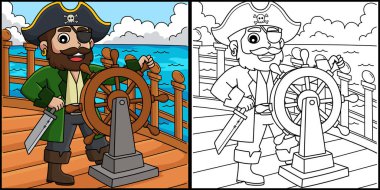 Bu boyama sayfasında Korsan Direksiyon var. Bu illüstrasyonun bir tarafı renkli ve çocuklar için bir ilham kaynağı..