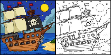 Bu renkli sayfa bir korsan gemisini gösteriyor. Bu illüstrasyonun bir tarafı renkli ve çocuklar için bir ilham kaynağı..