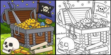Bu boyama sayfasında Korsan Hazinesi var. Bu illüstrasyonun bir tarafı renkli ve çocuklar için bir ilham kaynağı..